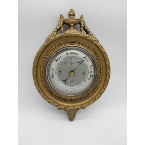 75 - 1950s gilt barometer with silvered dial made by Smiths in the Victorian style {36 cm H x 24 cm W x 6... 