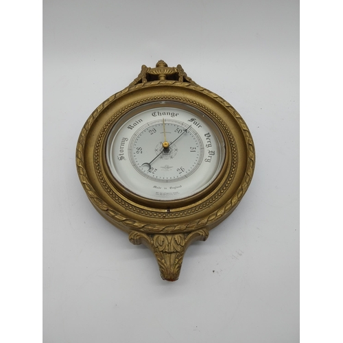 75 - 1950s gilt barometer with silvered dial made by Smiths in the Victorian style {36 cm H x 24 cm W x 6... 