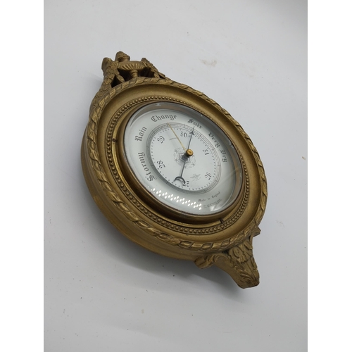 75 - 1950s gilt barometer with silvered dial made by Smiths in the Victorian style {36 cm H x 24 cm W x 6... 