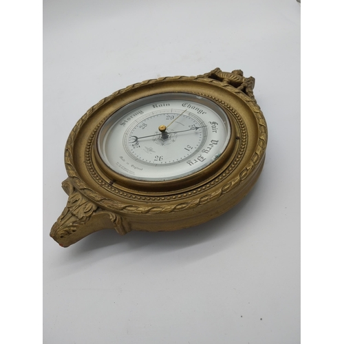 75 - 1950s gilt barometer with silvered dial made by Smiths in the Victorian style {36 cm H x 24 cm W x 6... 