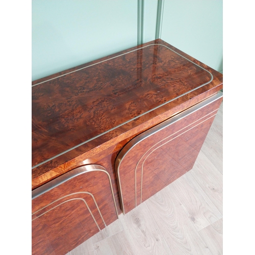 8 - Italian walnut credenza with brass trim in the Art Deco style. {77 cm H x 225 cm W x 47 cm D}.