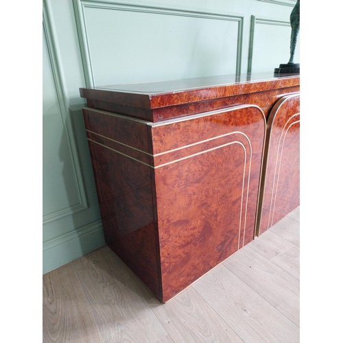 8 - Italian walnut credenza with brass trim in the Art Deco style. {77 cm H x 225 cm W x 47 cm D}.