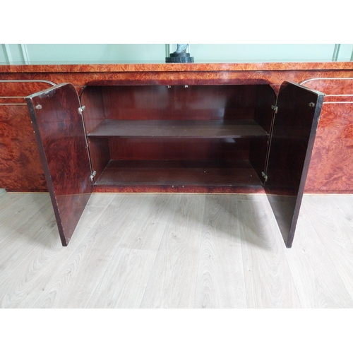 8 - Italian walnut credenza with brass trim in the Art Deco style. {77 cm H x 225 cm W x 47 cm D}.