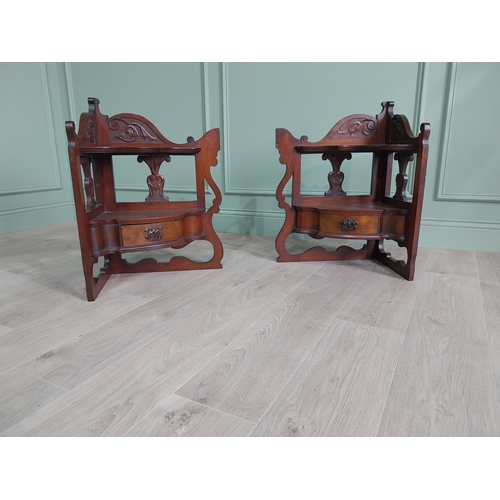 80 - Pair of Edwardian walnut corner cabinets with single drawer {66 cm H x 47 cm W x 32 cm D}.