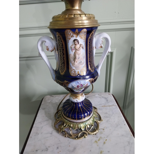 82 - Pair of good quality 19th C. French hand painted ceramic and brass table lamps {62 cm H x 20 cm Dia.... 