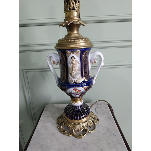 82 - Pair of good quality 19th C. French hand painted ceramic and brass table lamps {62 cm H x 20 cm Dia.... 