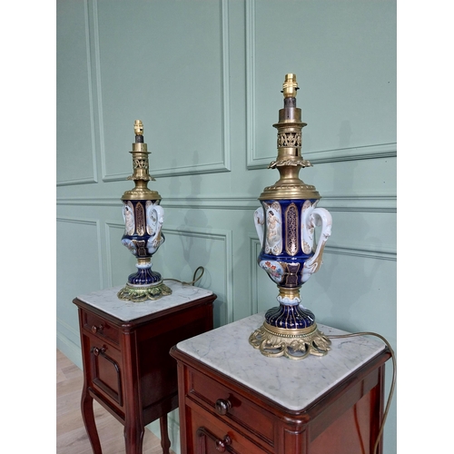 82 - Pair of good quality 19th C. French hand painted ceramic and brass table lamps {62 cm H x 20 cm Dia.... 