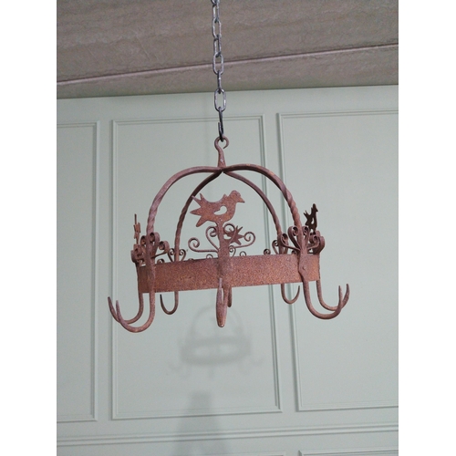 83 - Good quality wrought iron game and pot hanging rack decorated with chickens {38 cm H x 43 cm Dia.}.