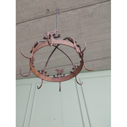 83 - Good quality wrought iron game and pot hanging rack decorated with chickens {38 cm H x 43 cm Dia.}.