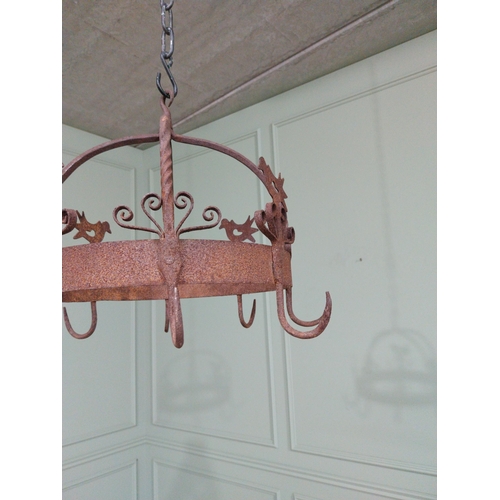 83 - Good quality wrought iron game and pot hanging rack decorated with chickens {38 cm H x 43 cm Dia.}.