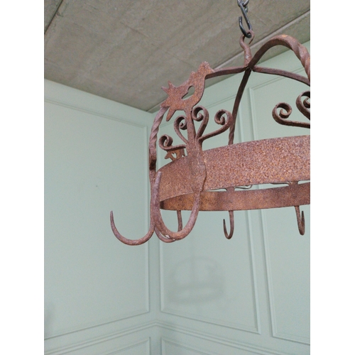 83 - Good quality wrought iron game and pot hanging rack decorated with chickens {38 cm H x 43 cm Dia.}.