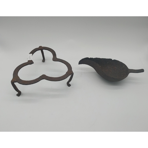 84 - 19th C. wrought iron trivet and cruse lamp bowl {8 cm H x 23 cm Dia. and 7 cm H x 27 cm W x 12 cm D}... 