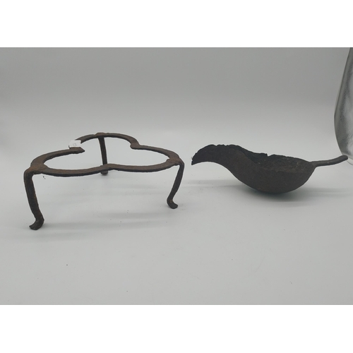 84 - 19th C. wrought iron trivet and cruse lamp bowl {8 cm H x 23 cm Dia. and 7 cm H x 27 cm W x 12 cm D}... 