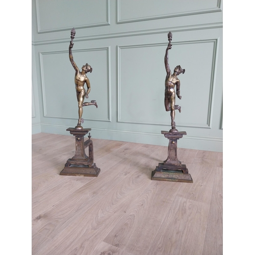 85 - Pair of good quality Art Nouveau brass fire dogs surmounted by figures of Mercury {101 cm H x 28 cm ... 