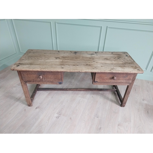 91 - 19th C. oak side table with two drawer in the frieze raised on square legs and single stretcher {76 ... 