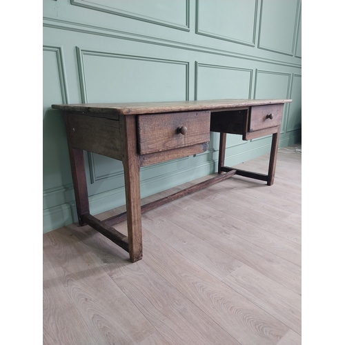 91 - 19th C. oak side table with two drawer in the frieze raised on square legs and single stretcher {76 ... 