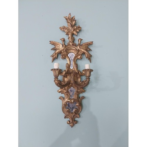 275 - Pair of good quality giltwood and mirrored wall sconces decorated with Hoho birds and double wall li... 