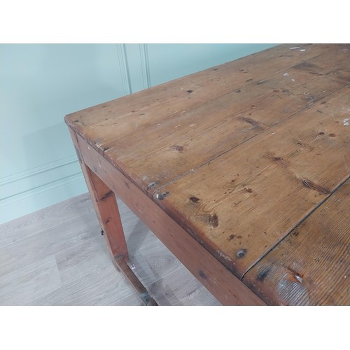 456 - 19th C. Irish scrubbed pine kitchen table raised on square legs {75 cm H x 188 cm W x 88 cm D}. U