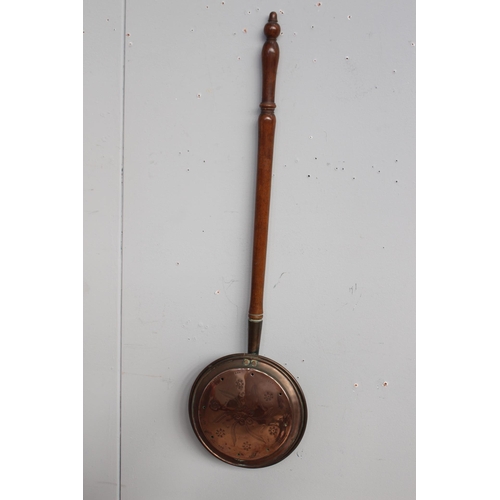 14 - 19th C. copper bed warmer {H 100cm x W 28cm x D 8cm }. - NOT AVAILABLE TO VIEW IN PERSON