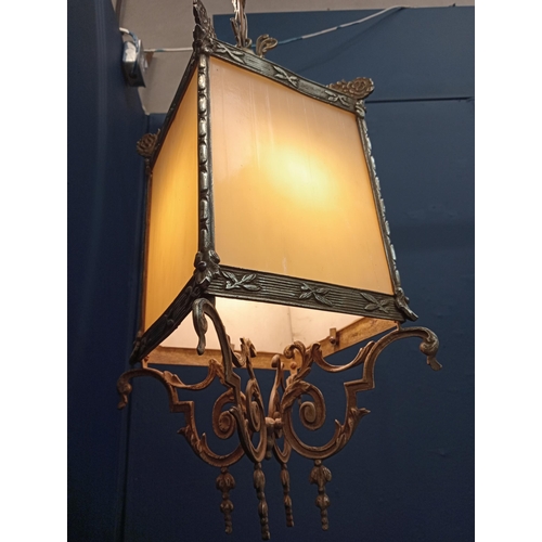 168 - Smoked glass brass hall lantern {Hanging H 100cm x W 20cm x D 20cm Lamp H 60cm }. - NOT AVAILABLE TO... 