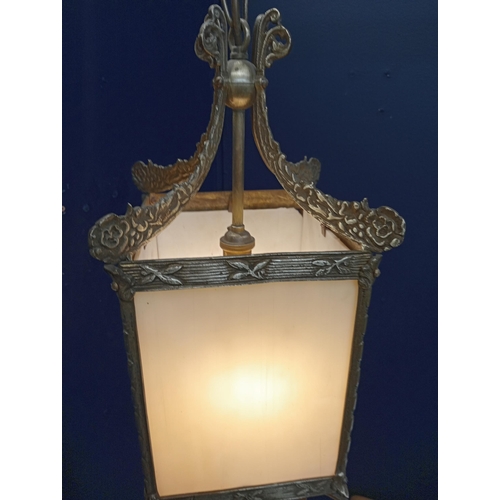 168 - Smoked glass brass hall lantern {Hanging H 100cm x W 20cm x D 20cm Lamp H 60cm }. - NOT AVAILABLE TO... 