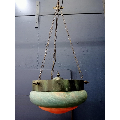 176 - Bronze uplighter with opaque orange and green shade {Hanging H 80cm x D 36cm }. - NOT AVAILABLE TO V... 