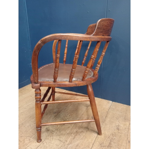 195 - Oak captains spindle chair with leather seat {H 75cm x W 53cm x D 46cm }. - NOT AVAILABLE TO VIEW IN... 