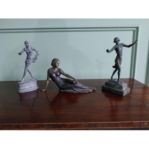 29 - Two Art Deco lead figures of Dancers and a spelter figure of reclining Lady {25 cm H x 13 cm W x 7 c... 