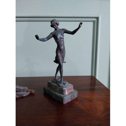 29 - Two Art Deco lead figures of Dancers and a spelter figure of reclining Lady {25 cm H x 13 cm W x 7 c... 