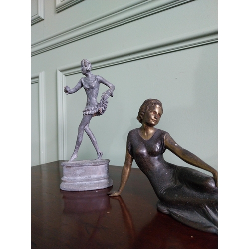 29 - Two Art Deco lead figures of Dancers and a spelter figure of reclining Lady {25 cm H x 13 cm W x 7 c... 