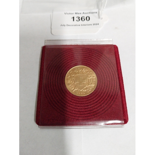 1360 - 20 Swiss Francs Gold Coin - Helvetia Vreneli. 1922 - NOT ON SITE FOR VIEWING