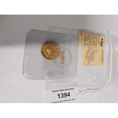 1394 - 1 Solidus Byzantine Constans II. Gold Coin. AD 641-668.  - NOT ON SITE FOR VIEWING