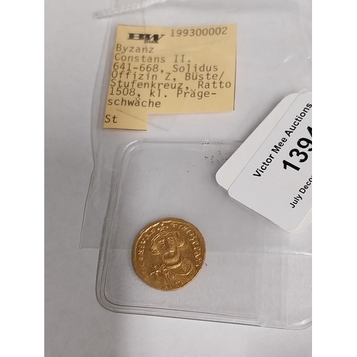 1394 - 1 Solidus Byzantine Constans II. Gold Coin. AD 641-668.  - NOT ON SITE FOR VIEWING