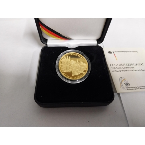 1406 - 100 Euro 2004 UNESCO Welterbe Aachen German Gold Coin, Mint mark J, in presentation case with certif... 