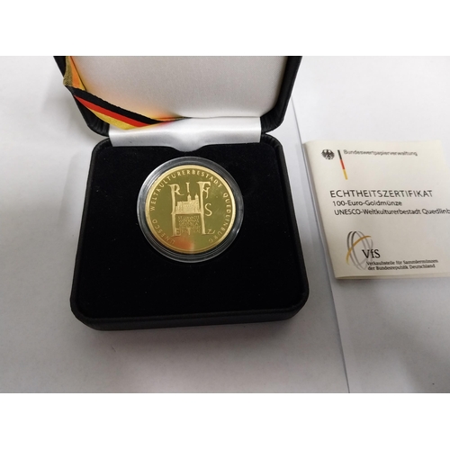 1407 - 100 Euro 2003 UNESCO Welterbe Aachen German Gold Coin, Mint mark F, in presentation case with certif... 