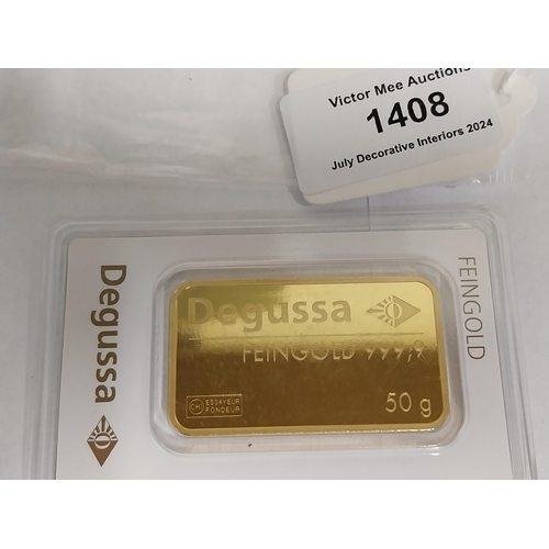 1408 - 50 Gram Degussa Goldhandel AG  999.9 Proof Gold Bar, in original packaging.  .    - NOT ON SITE FOR ... 