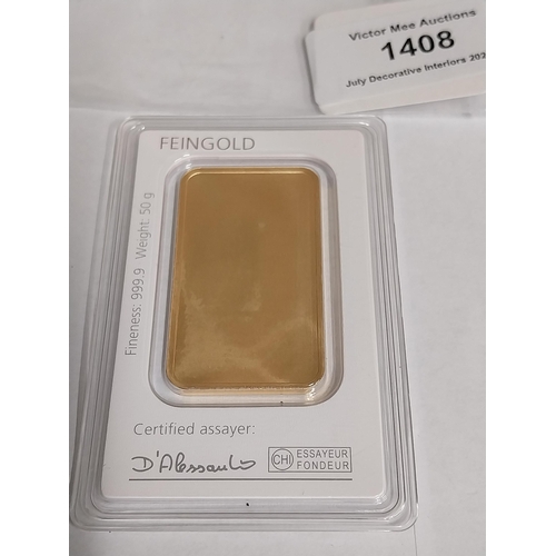 1408 - 50 Gram Degussa Goldhandel AG  999.9 Proof Gold Bar, in original packaging.  .    - NOT ON SITE FOR ... 