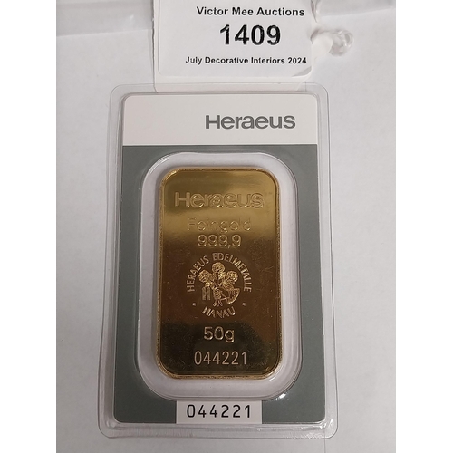 1409 - 50 gram HERAEUS Gold Bar, in original packaging. 044221  .    - NOT ON SITE FOR VIEWING