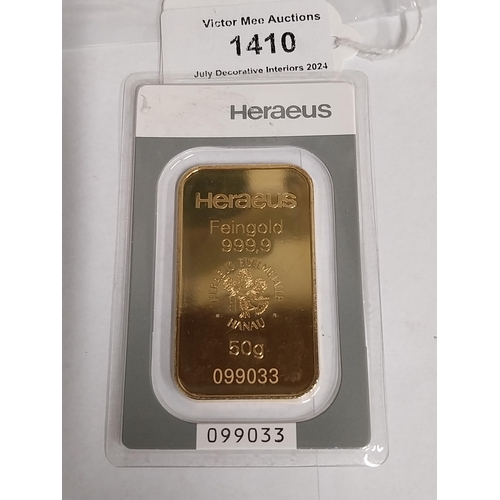 1410 - 50 gram HERAEUS Gold Bar, in original packaging.099033  .    - NOT ON SITE FOR VIEWING