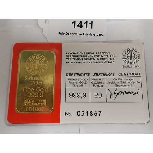 1411 - 20 gram ARGOR-HERAEUS SA Gold Bar Serial No 051867, Certified Assayer D. Gormani  in original packag... 