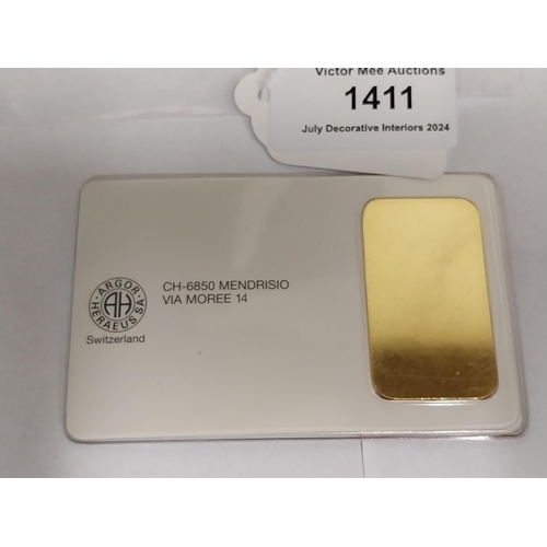 1411 - 20 gram ARGOR-HERAEUS SA Gold Bar Serial No 051867, Certified Assayer D. Gormani  in original packag... 