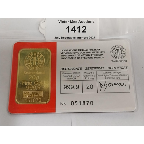 1412 - 20 gram ARGOR-HERAEUS SA gold bar Serial No 051870, Certified Assayer D. Gormani  in original packag... 