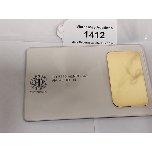 1412 - 20 gram ARGOR-HERAEUS SA gold bar Serial No 051870, Certified Assayer D. Gormani  in original packag... 