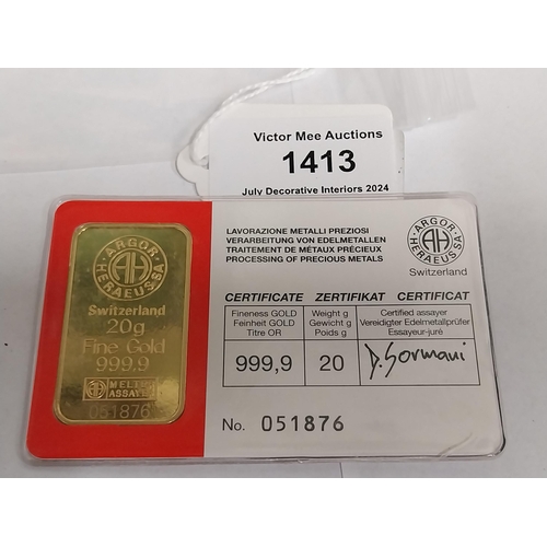 1413 - 20 gram ARGOR-HERAEUS SA gold bar Serial No 051876, Certified Assayer D. Gormani  in original packag... 