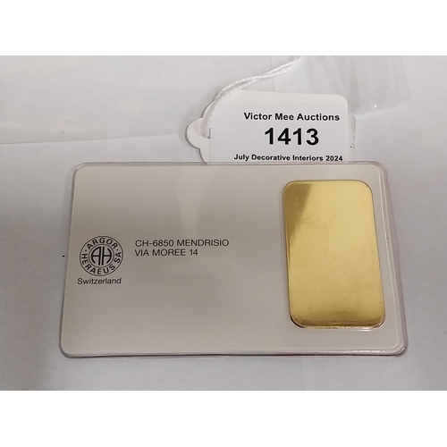 1413 - 20 gram ARGOR-HERAEUS SA gold bar Serial No 051876, Certified Assayer D. Gormani  in original packag... 