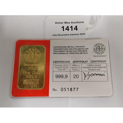 1414 - 20 gram ARGOR-HERAEUS SA gold bar Serial No 051877, Certified Assayer D. Gormani  in original packag... 