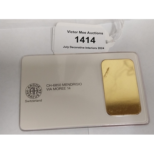 1414 - 20 gram ARGOR-HERAEUS SA gold bar Serial No 051877, Certified Assayer D. Gormani  in original packag... 