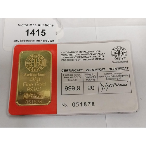 1415 - 20 gram ARGOR-HERAEUS SA gold bar Serial No 051878, Certified Assayer D. Gormani  in original packag... 