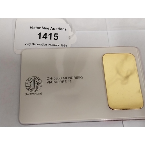 1415 - 20 gram ARGOR-HERAEUS SA gold bar Serial No 051878, Certified Assayer D. Gormani  in original packag... 