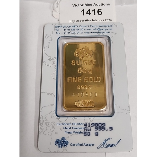 1416 - 50 gram PAMP Suisse Minted Fine Gold Bar,  Serial No 419809, in original packaging.  - NOT ON SITE F... 